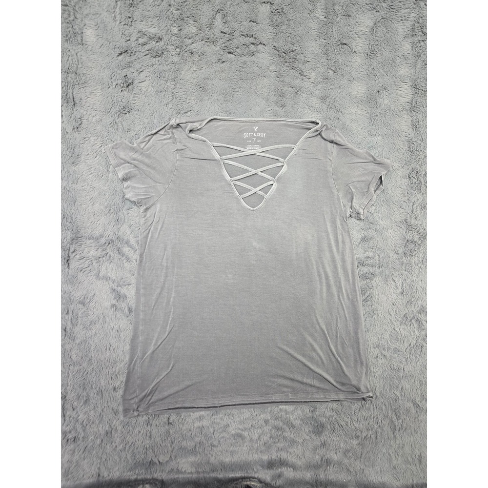 American Eagle Soft & Sexy Gray Lattice Strappy V-Neck Short Sleeve T-Shirt L